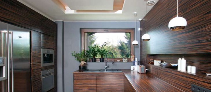 Wnętrze kuchni z meblami z drewna hebanowego.
