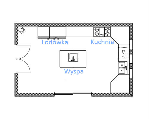 Przykładowy plan kuchni z wyspą Rysunek z planem kuchni, w której jest wyspa kuchenna.