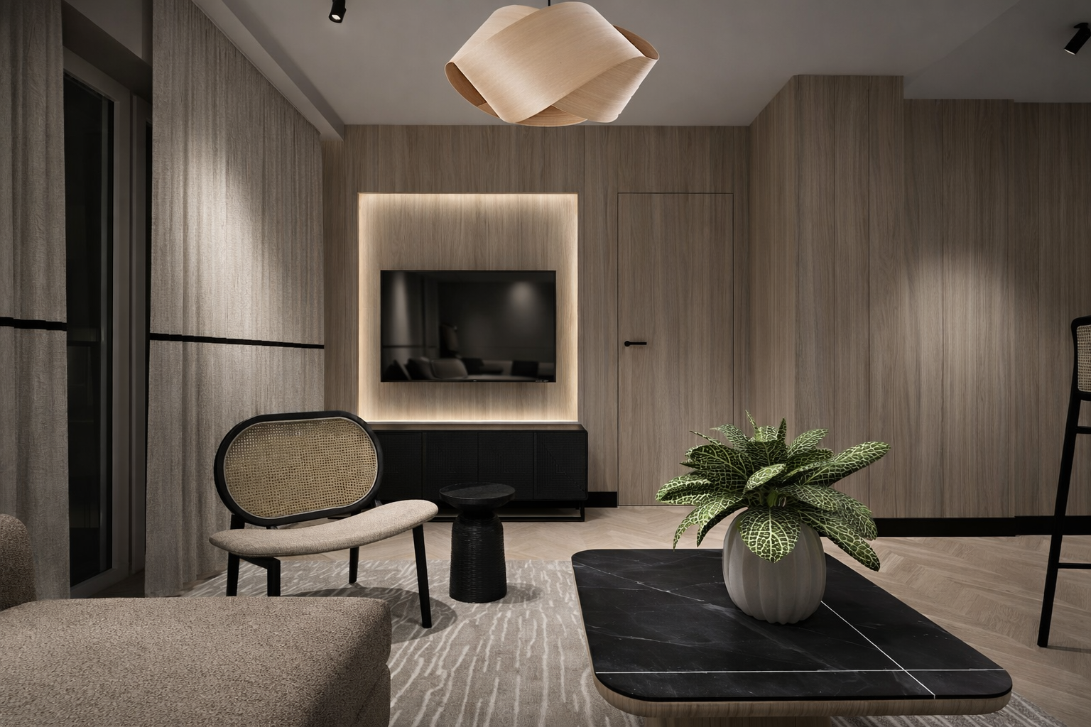 Nowoczesne projektowanie wnętrz domu Black LINE – elegancki salon z drewnianymi zabudowami, czarnymi detalami i nastrojowym oświetleniem