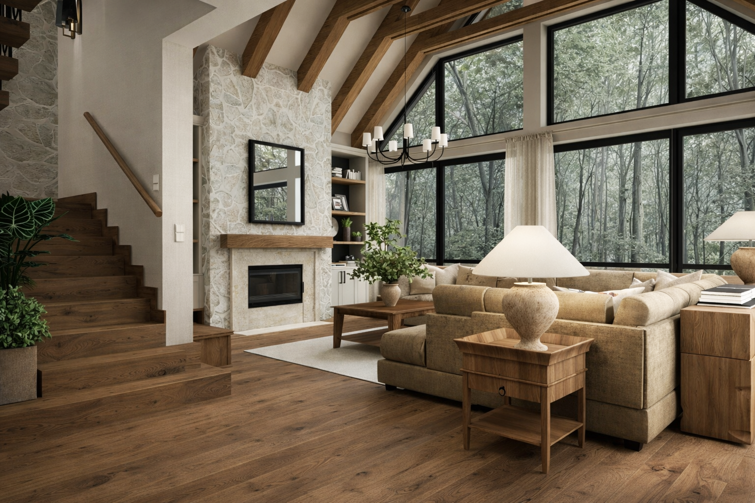 Przestronny salon z kominkiem i drewnianymi detalami – projekt wnętrz modern farmhouse Laski, połączenie natury i nowoczesnej elegancji